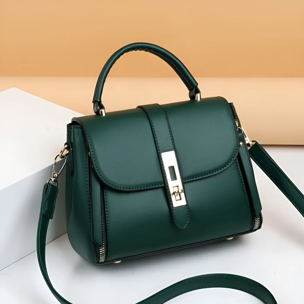 Women's soft PU leather messenger shoulder bag in square vertical design showing black, red, green and blue colour options