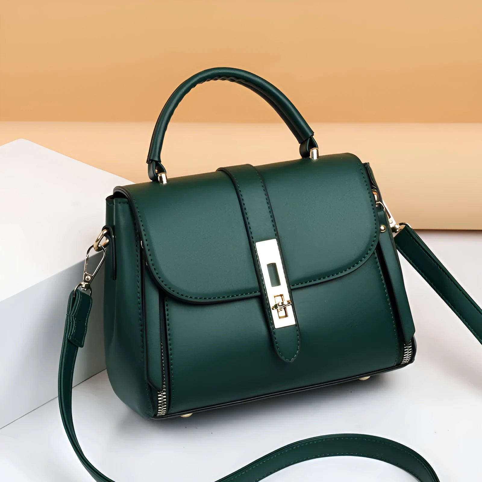 Women's soft PU leather messenger shoulder bag in square vertical design showing black, red, green and blue colour options