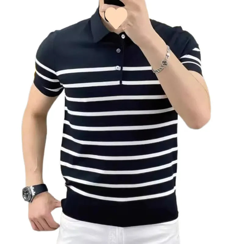 Black and white striped knit t-shirt with lapel collar design showing pullover style