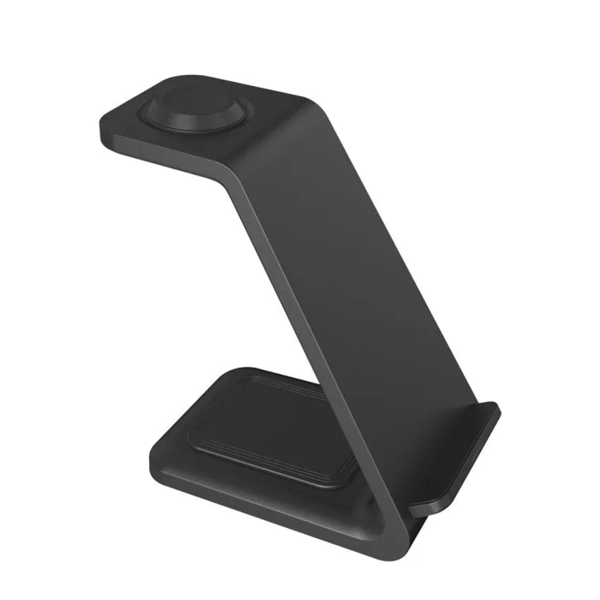 White 3-in-1 wireless charger stand with upright phone holder and dual-coil charging pad