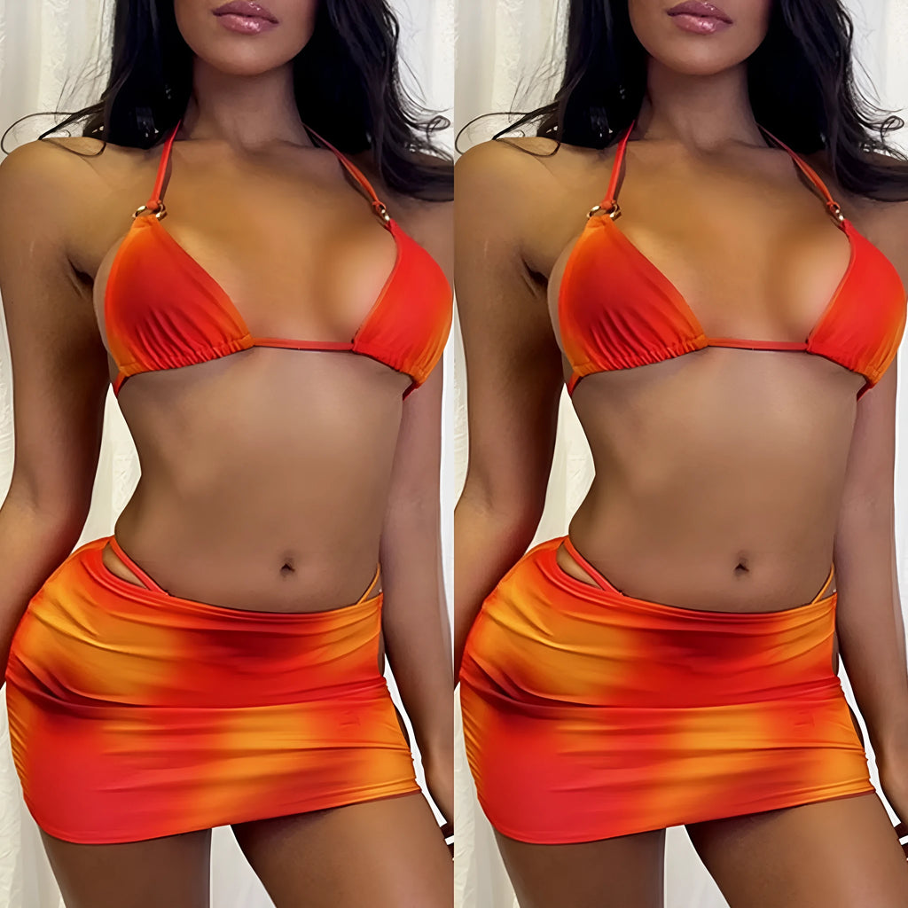 Tie-dye gradient three-piece halter bikini swimsuit set with skirt