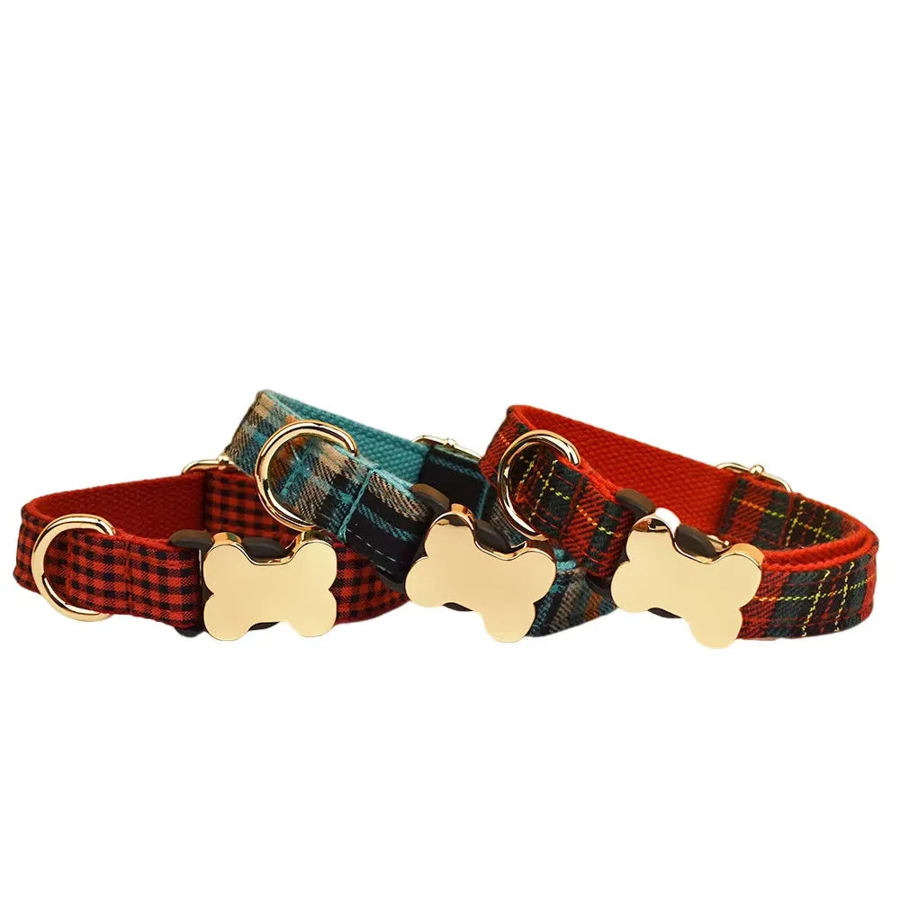 Flat nylon dog collar with printed grid pattern and a bone-shaped buckle.