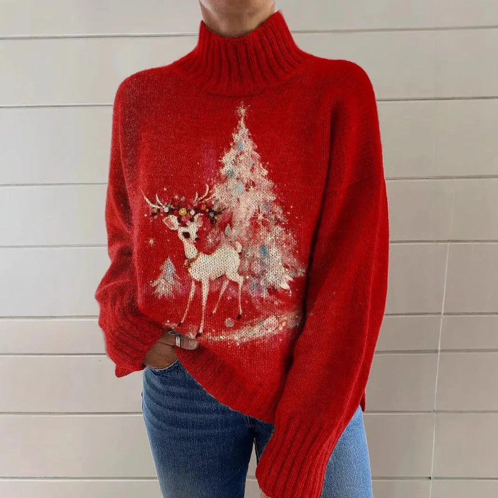 Women's Christmas printed turtleneck sweater in macaron colour with painting pattern design