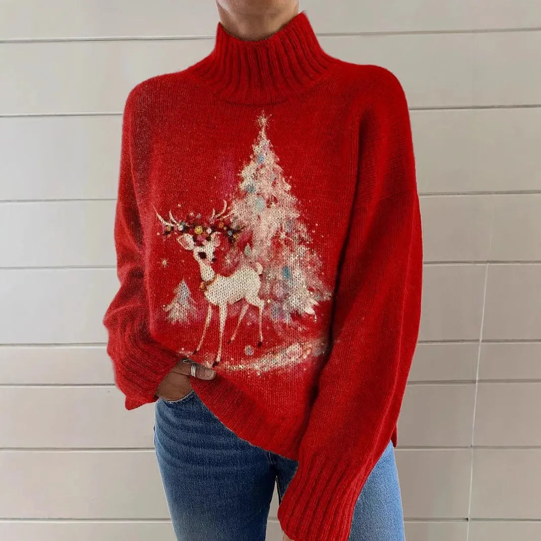 Women's Christmas printed turtleneck sweater in macaron colour with painting pattern design