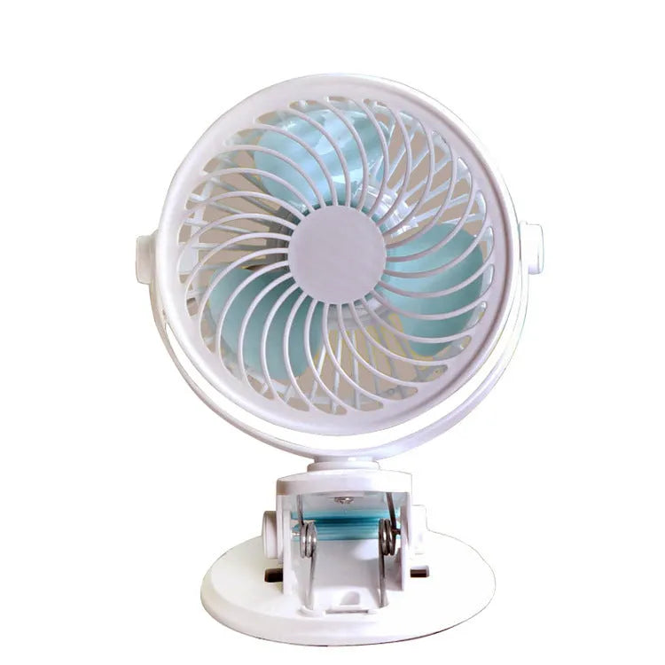 USB-powered mini clip fan with brushless motor and three blades on white desk