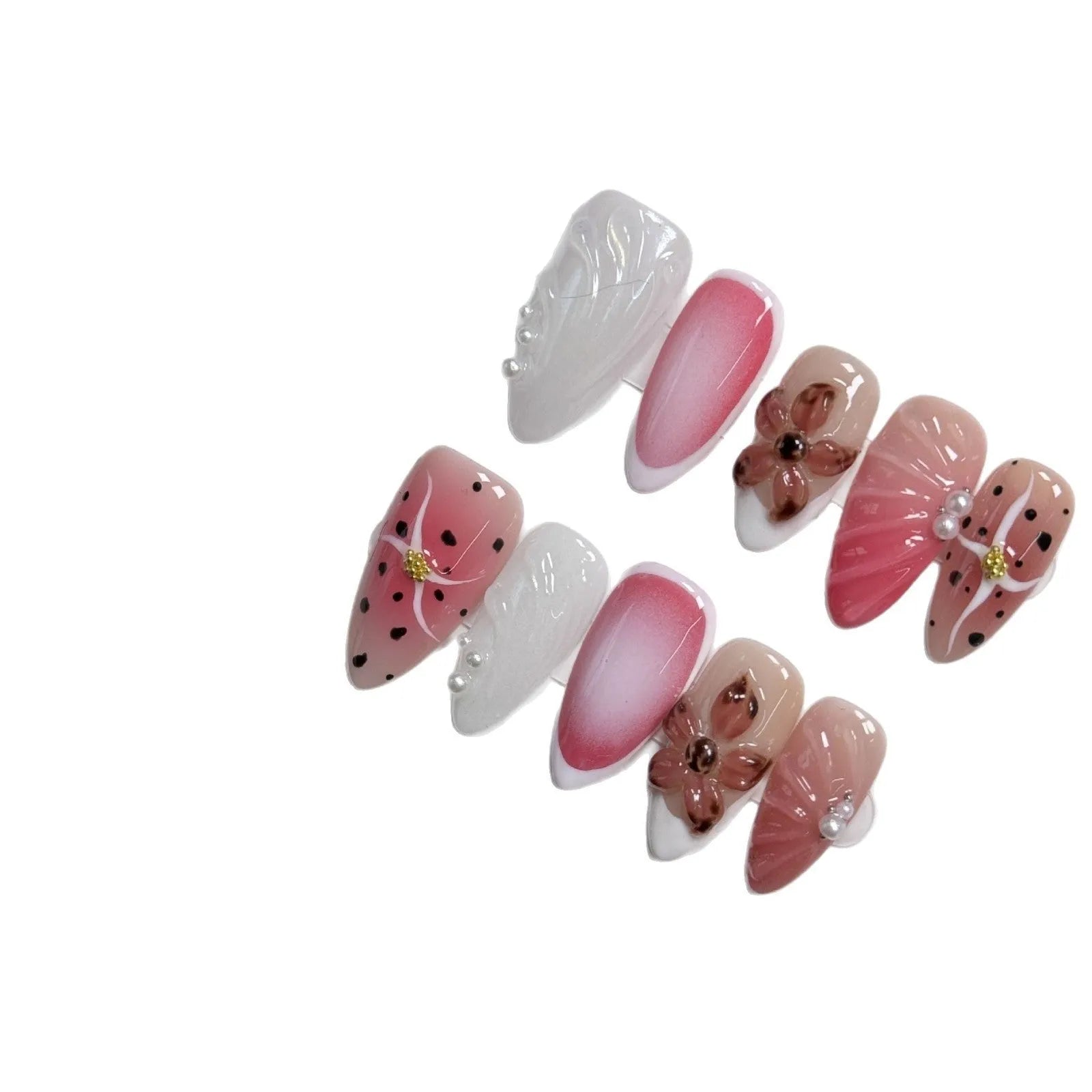 Hand-painted 3D carved nail art patches with candy patterns for almond-shaped nails.