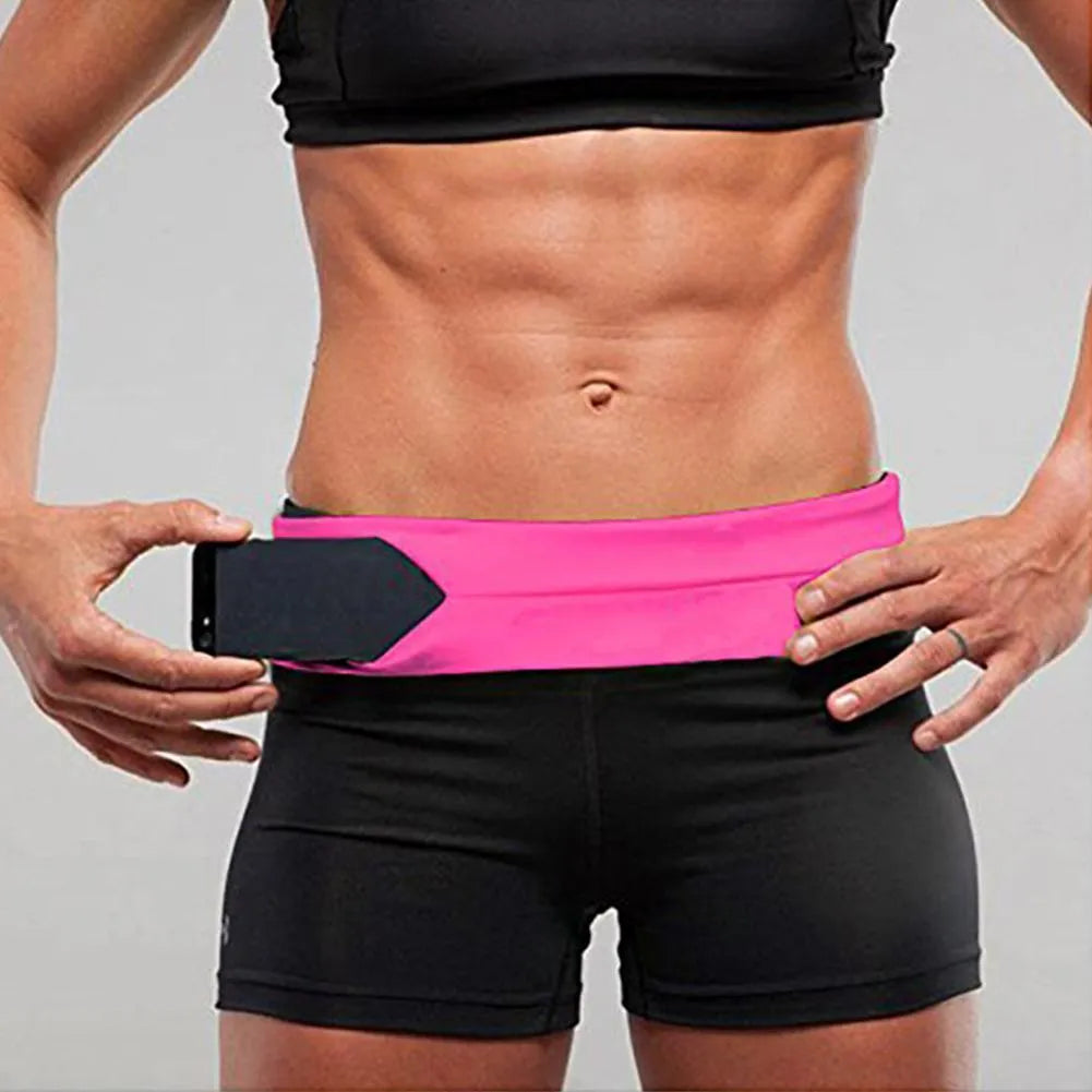 Adjustable spandex waist bag for running and cycling in black, showing ergonomic belt design