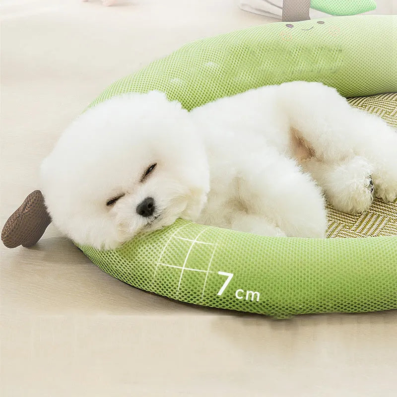 Green pet bed with fruit-shaped backrest and raised edges, shown in large size