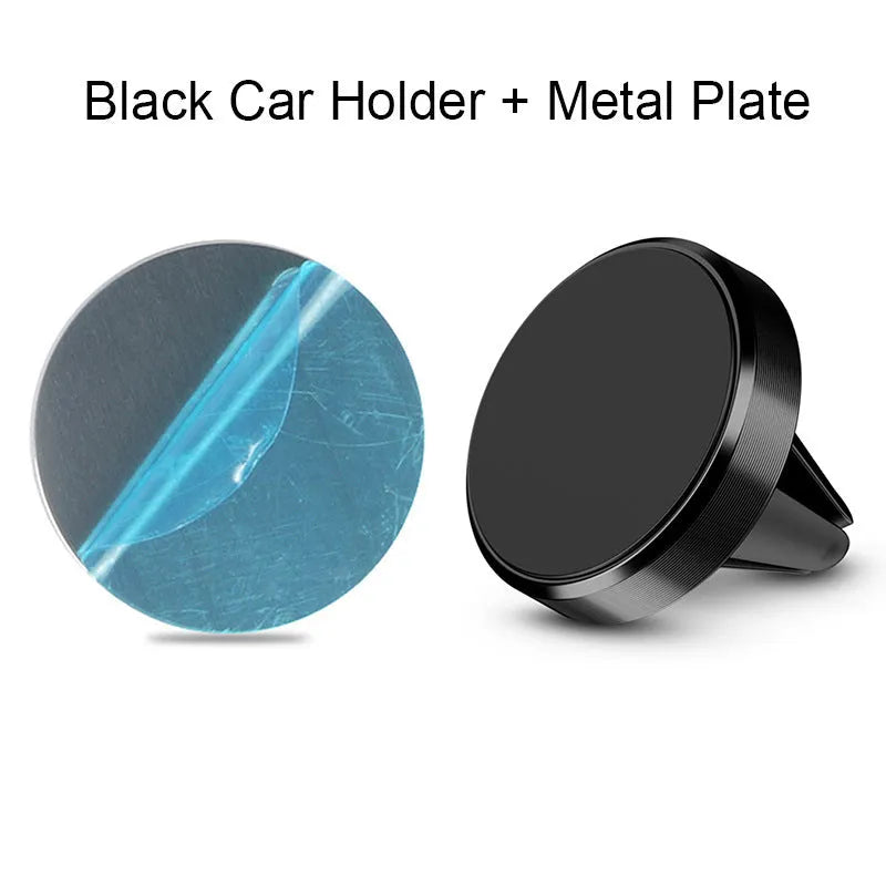 Aluminium alloy magnetic car phone holder in black, gold, and silver colours showing clip and adhesive types.