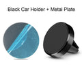 Aluminium alloy magnetic car phone holder in black, gold, and silver colours showing clip and adhesive types.