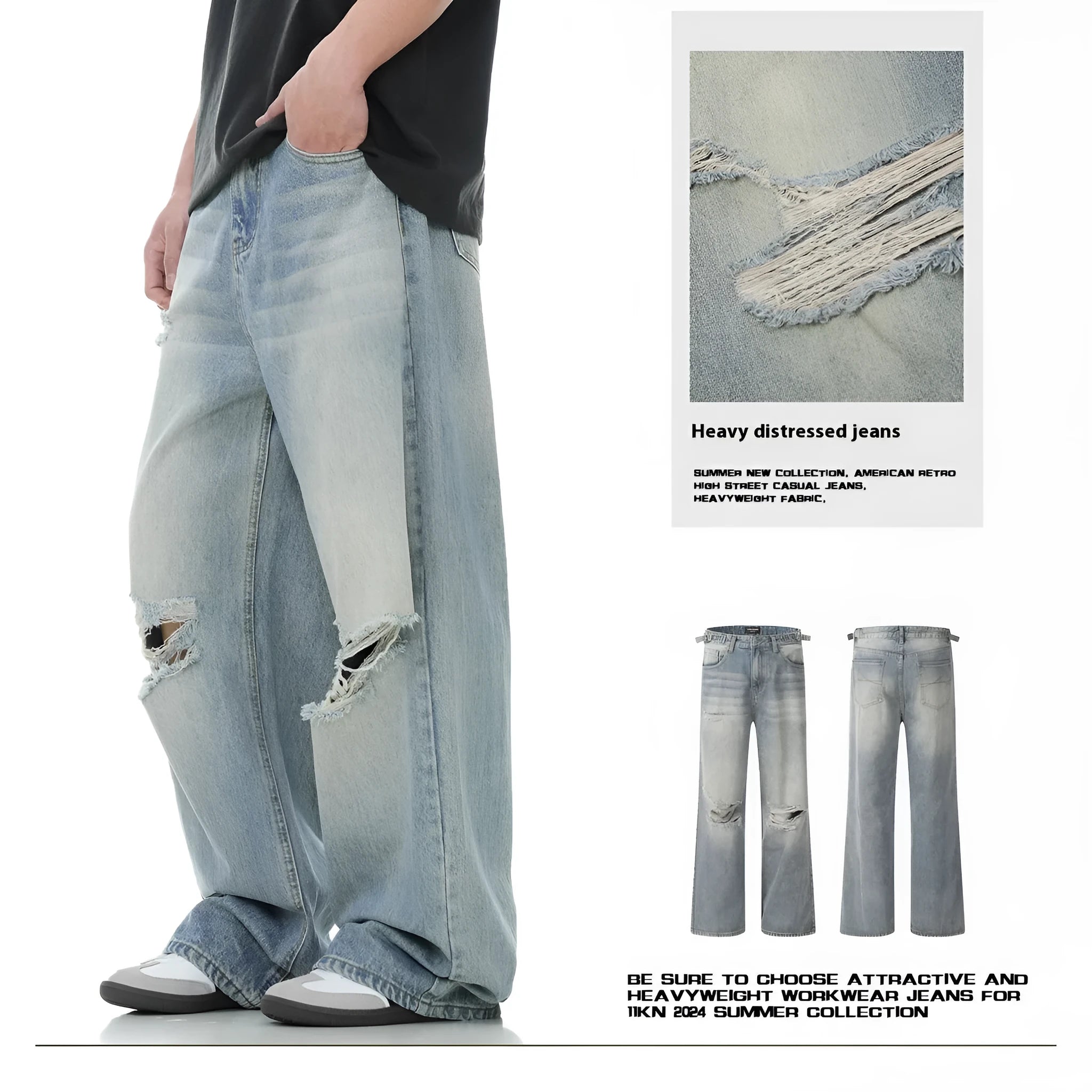 Blue straight-leg men's jeans with ripped detailing and retro summer styling
