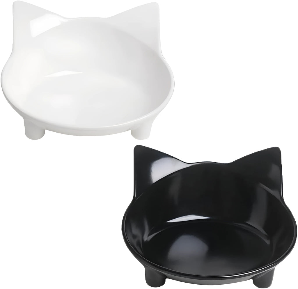 Set of four black shallow melamine pet bowls with non-slip rubber bases on a white surface.