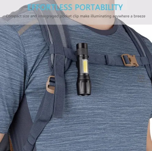 Small black aluminium alloy LED flashlight with telescopic zoom head and pocket clip.