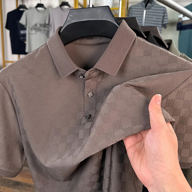 Rhombus pattern thin ice silk short sleeve t-shirt in black, showing split hem design detail.