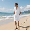 Men's linen and hemp-blend leisure suit set showing short-sleeve shirt and matching shorts in a neutral colour