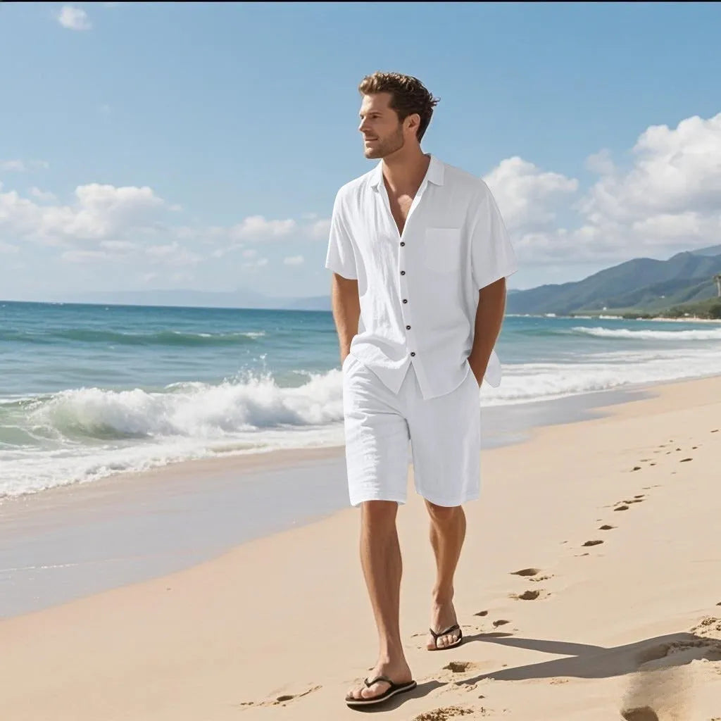 Men's linen and hemp-blend leisure suit set showing short-sleeve shirt and matching shorts in a neutral colour