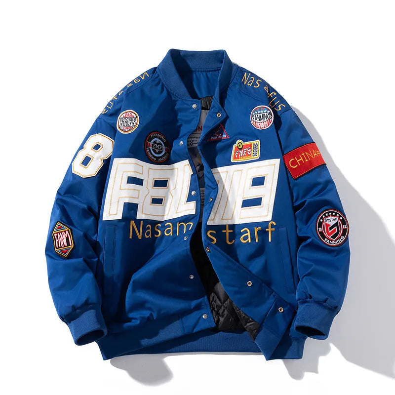 American motorcycle baseball uniform in black, blue, or red with removable hood and side pocket