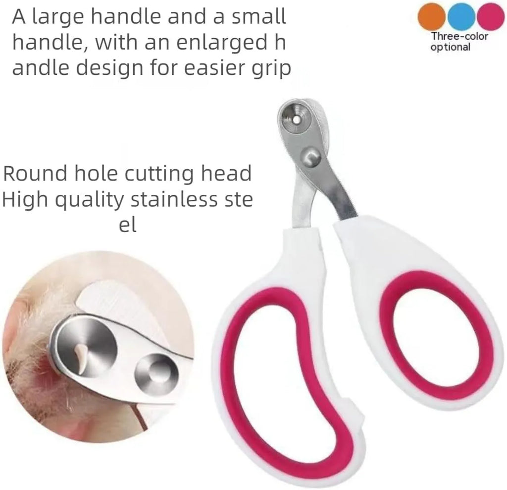 Blue cat nail clippers with circular hole and cushioned handle on a plain background