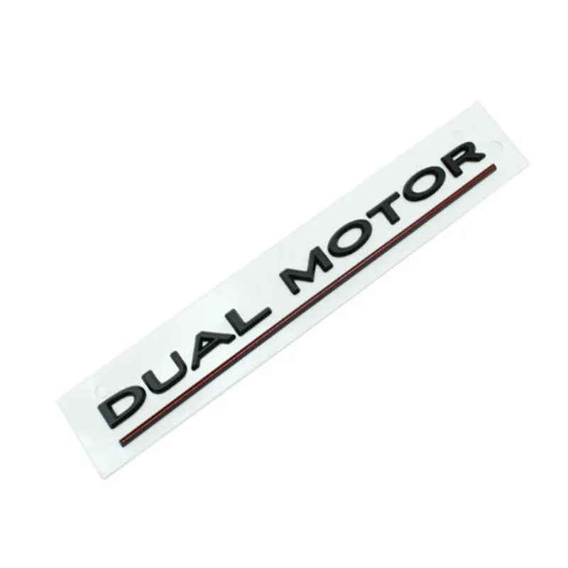 ABS plastic performance lettering bumper sticker for Tesla Model 3 in matte black and red stripes.