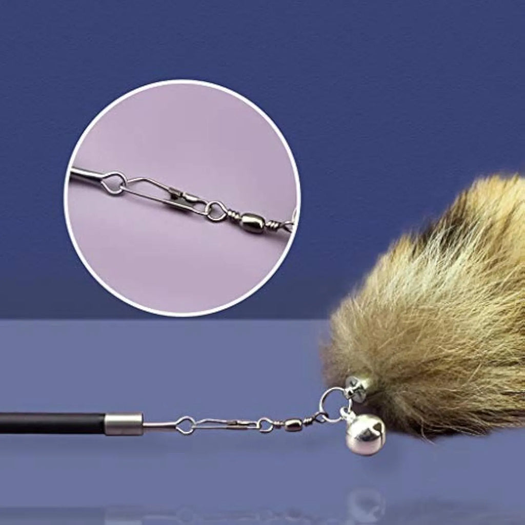 Black cat toy wand teaser with a long handle and elastic string for interactive play.