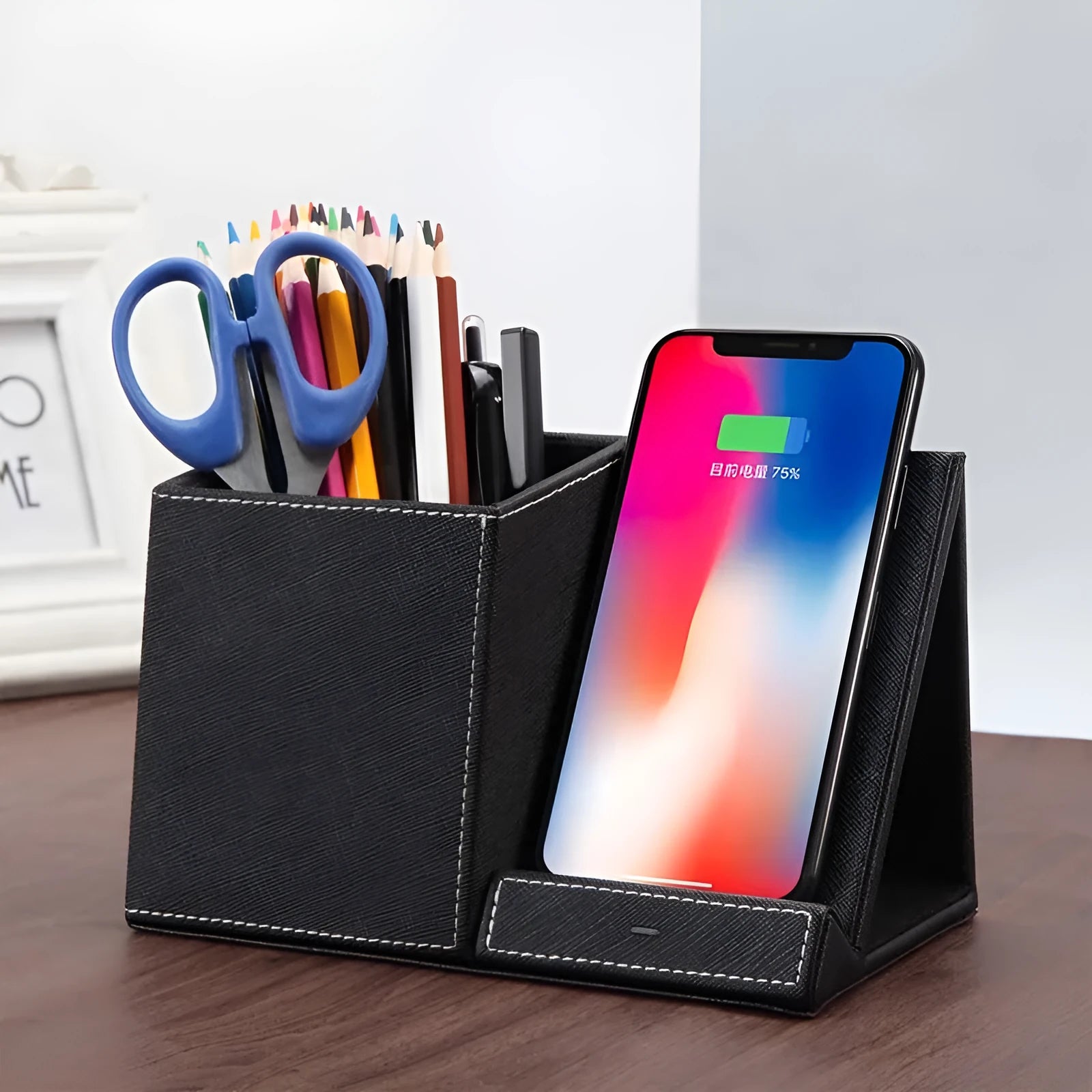 Black leather desk organiser with wireless charging top and pen holder compartment