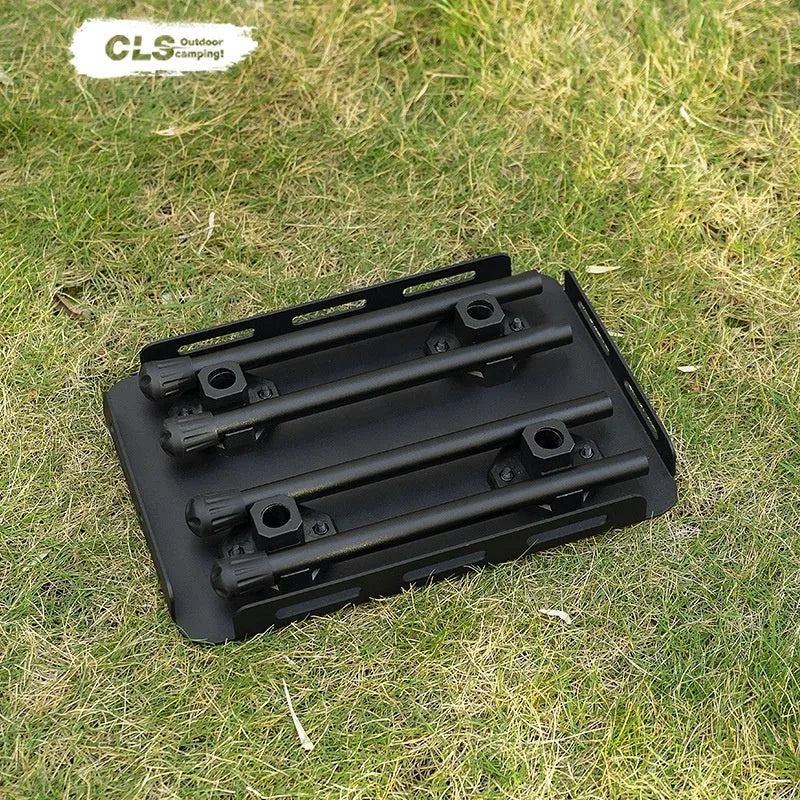 CLS aluminium dual-use folding camping stool shown converted into a small side table, with storage bag and beige PU mat.