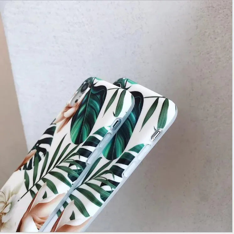 Compatible iPhone phone case with banana leaf floral design in TPU material for multiple iPhone models