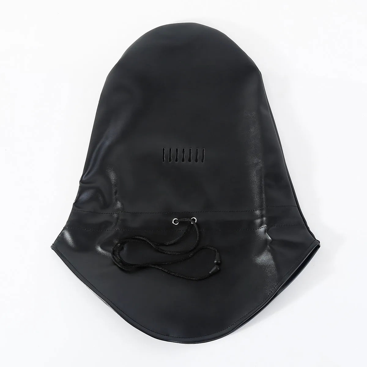 Black leather fetish mask with eyeholes and adjustable strap for BDSM training