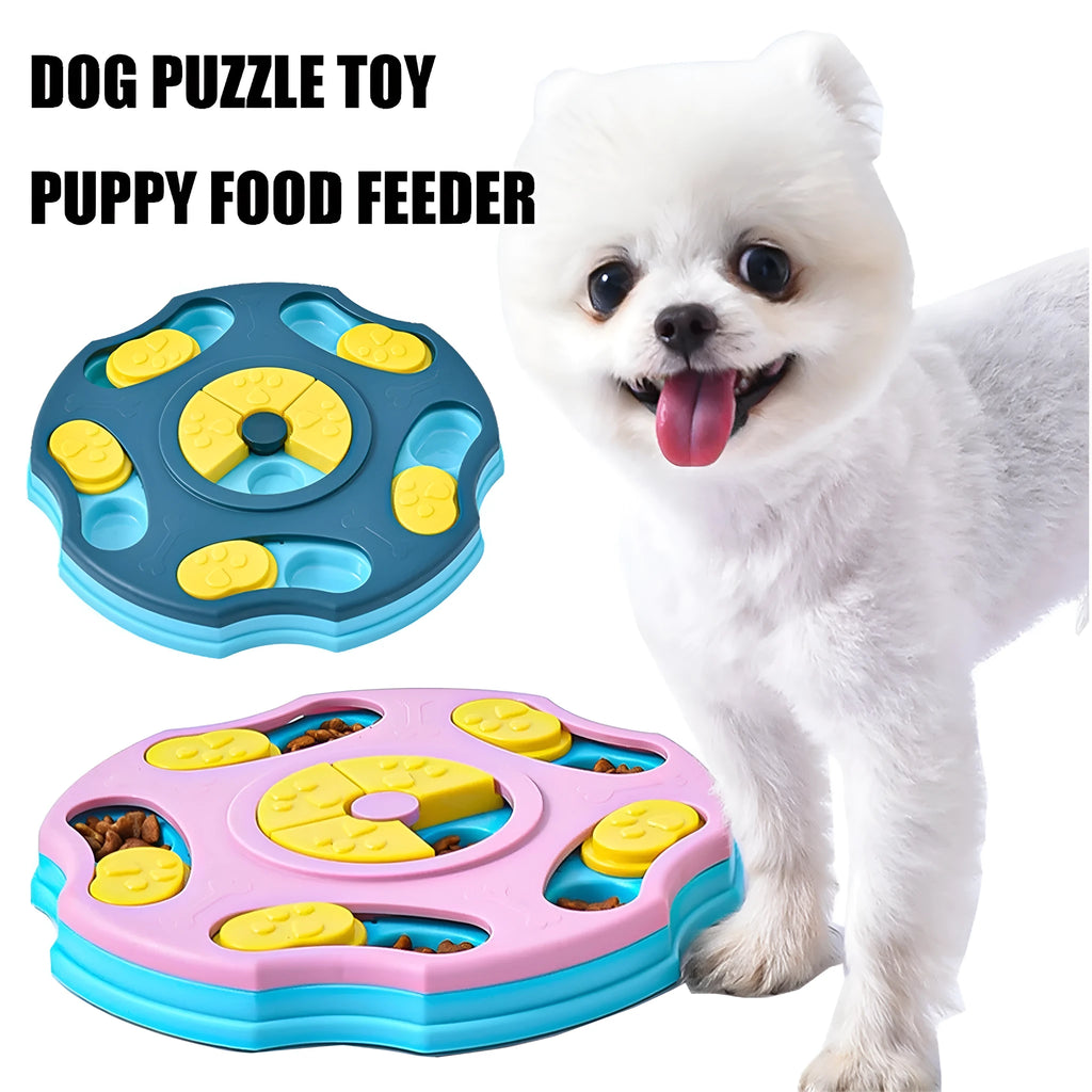 Blue dog puzzle toy bowl with food searching compartments for interactive feeding game