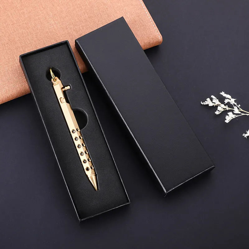 Brass hexagonal bolt action pen showing six-sided barrel and bolt mechanism in natural brass finish
