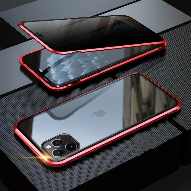 Geometric design aluminium clamshell phone case for iPhone with RFID blocking glass front in six colour options.