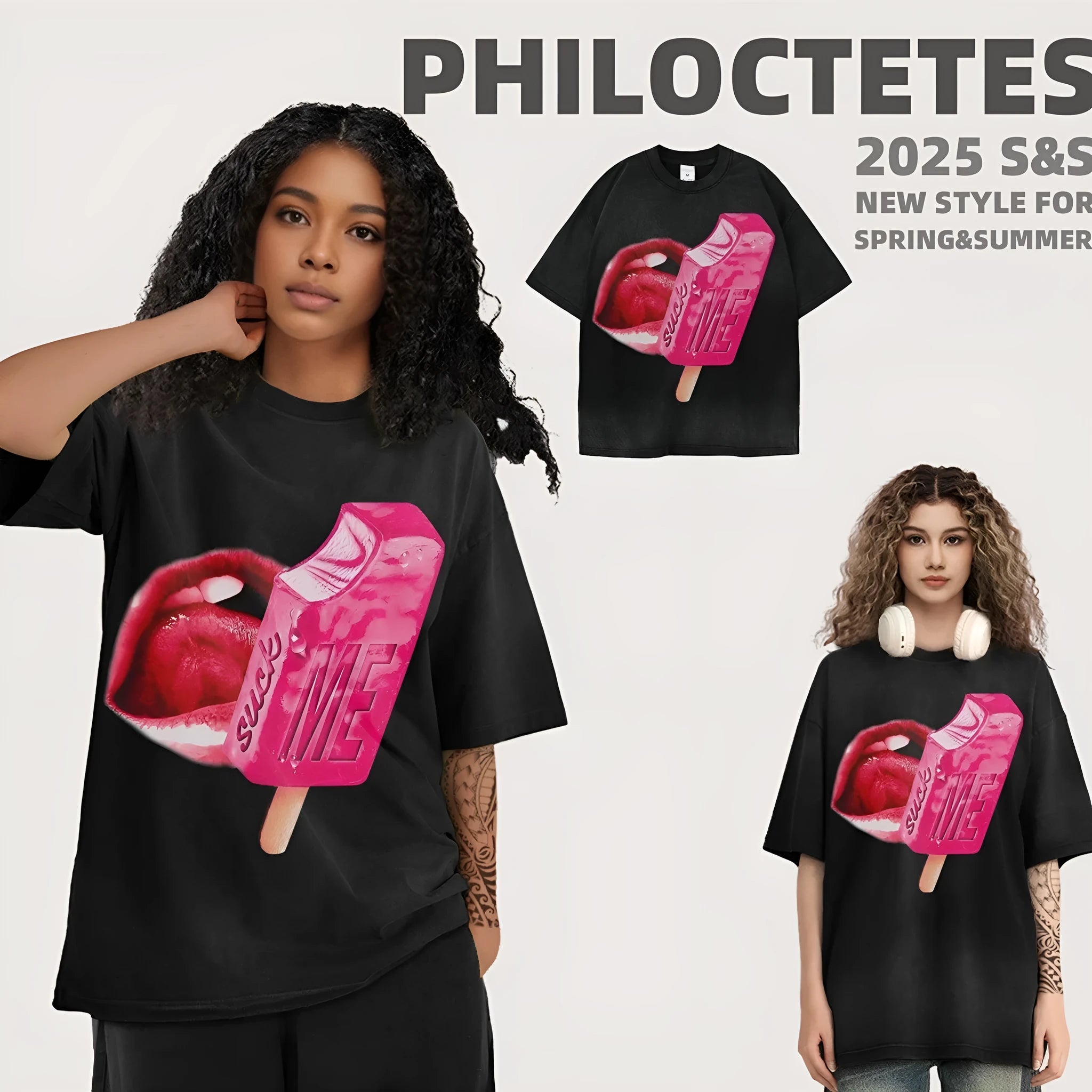 Unisex loose black heavy-washed cotton t-shirt with a cartoon graphic print on the front.
