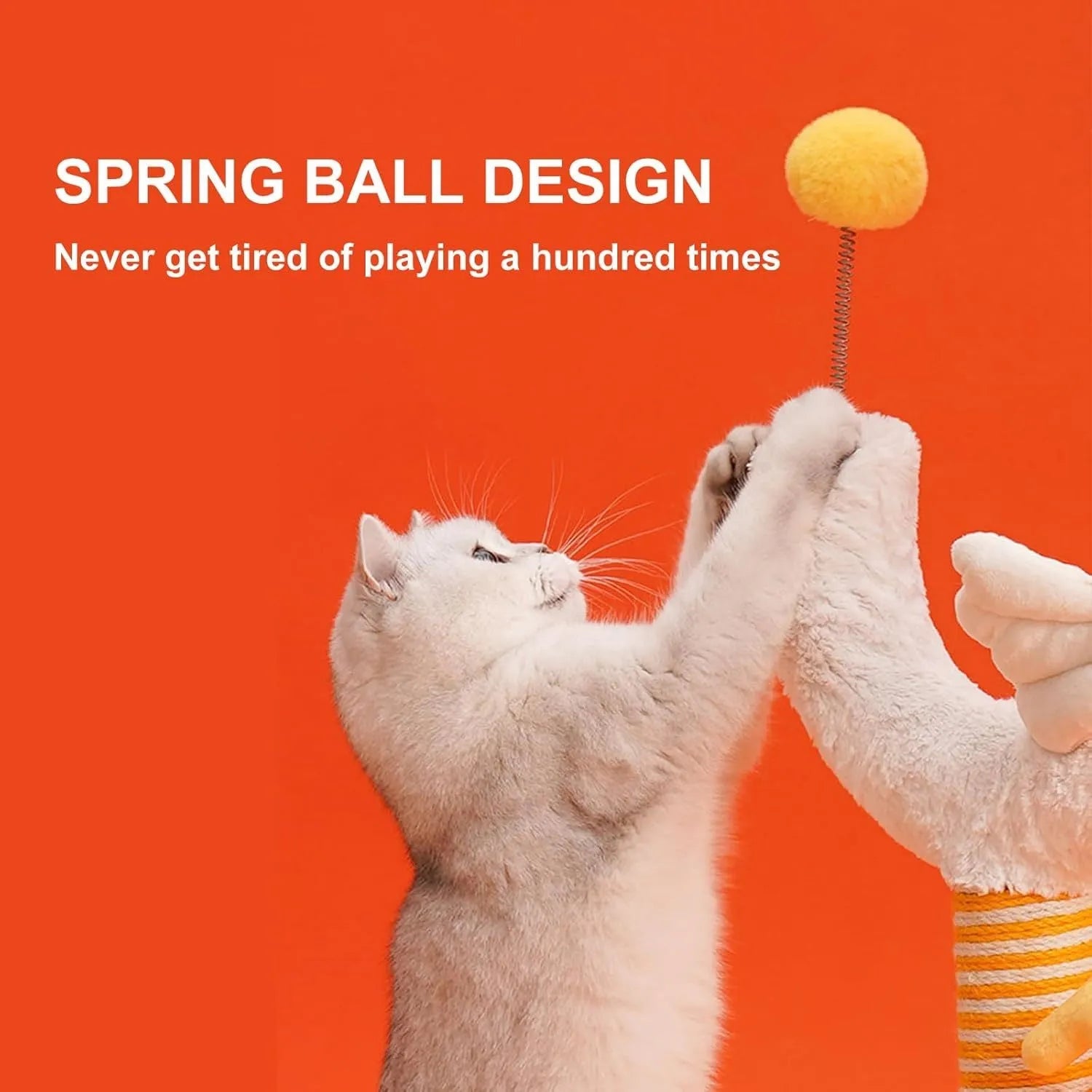 Tall sisal rope cat scratching post with U-shaped design and a red spring ball toy at the top