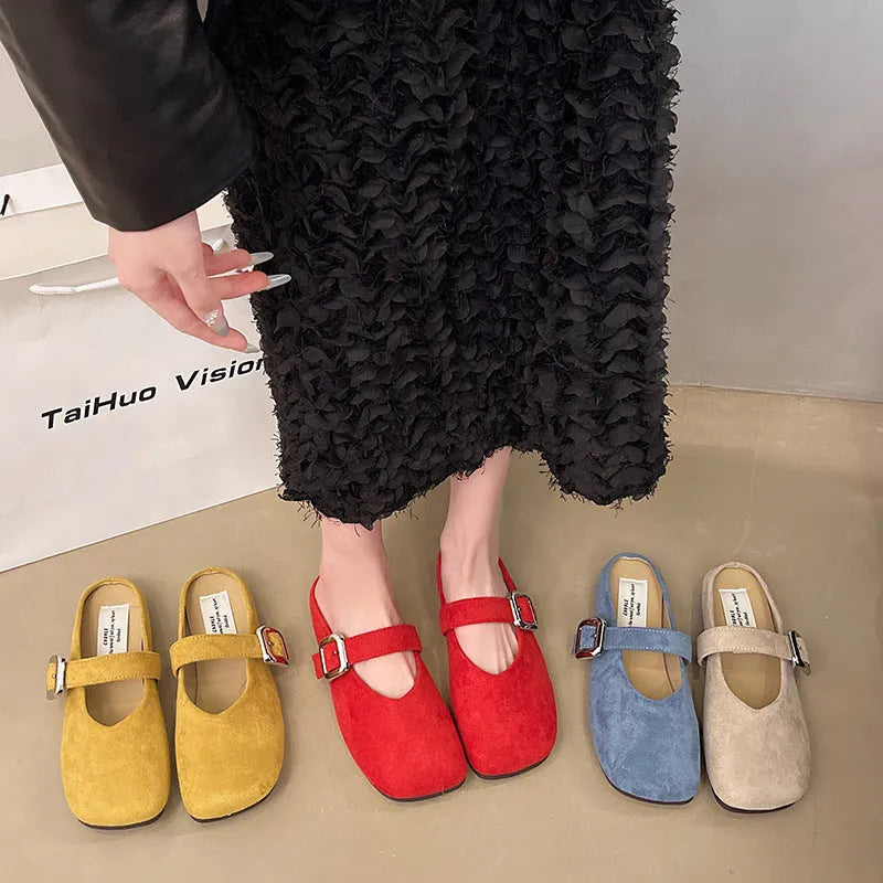 Women's flat square head slippers in apricot colour, showing closed toe and rubber sole.