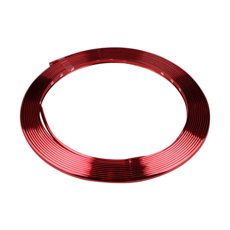 Electroplated purple PVC wheel hub trim stickers showing 8-metre anti-collision strip roll