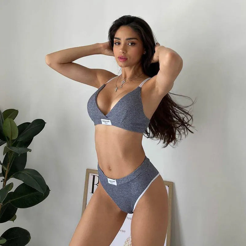 Women's embroidery bikini set with contrast colour binding in black, grey, and white colour options