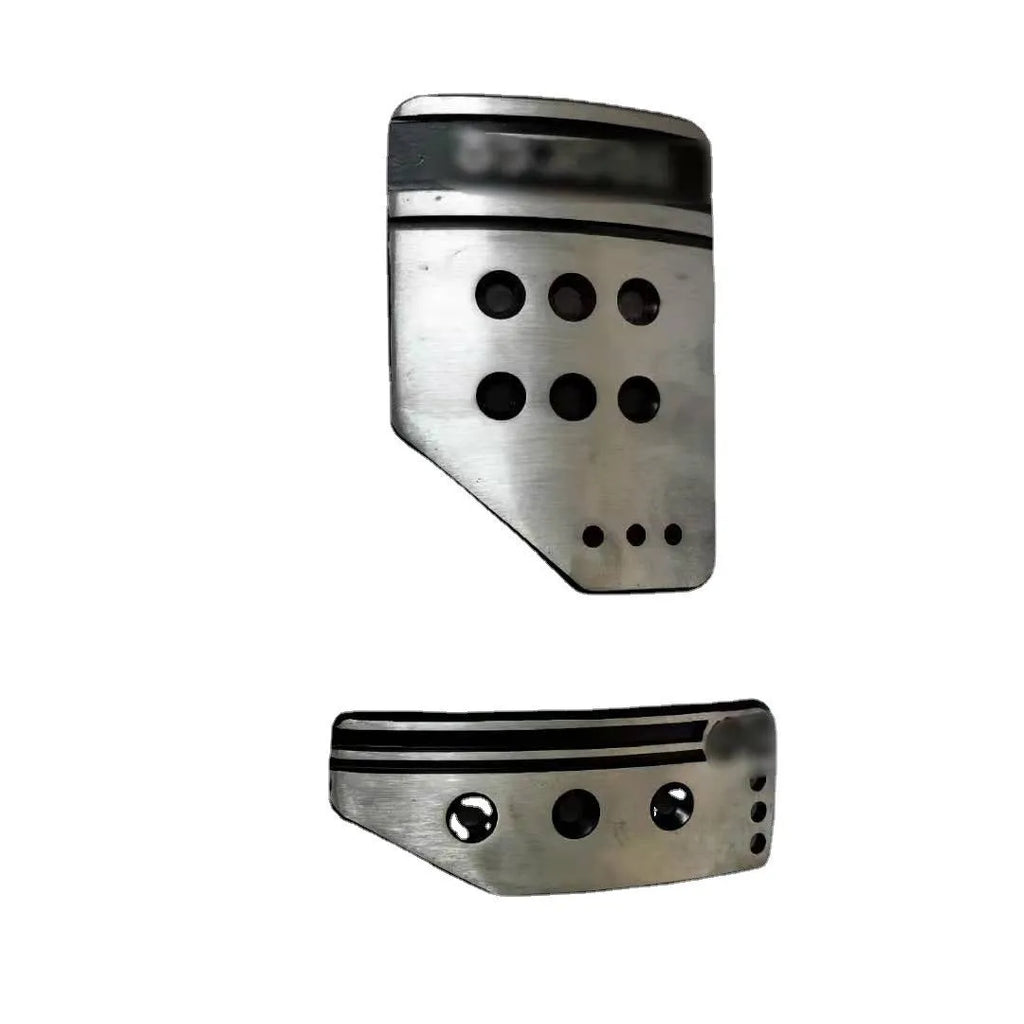 Aluminium alloy manual transmission car pedal set in grey or black with brake, accelerator, and clutch pedals.