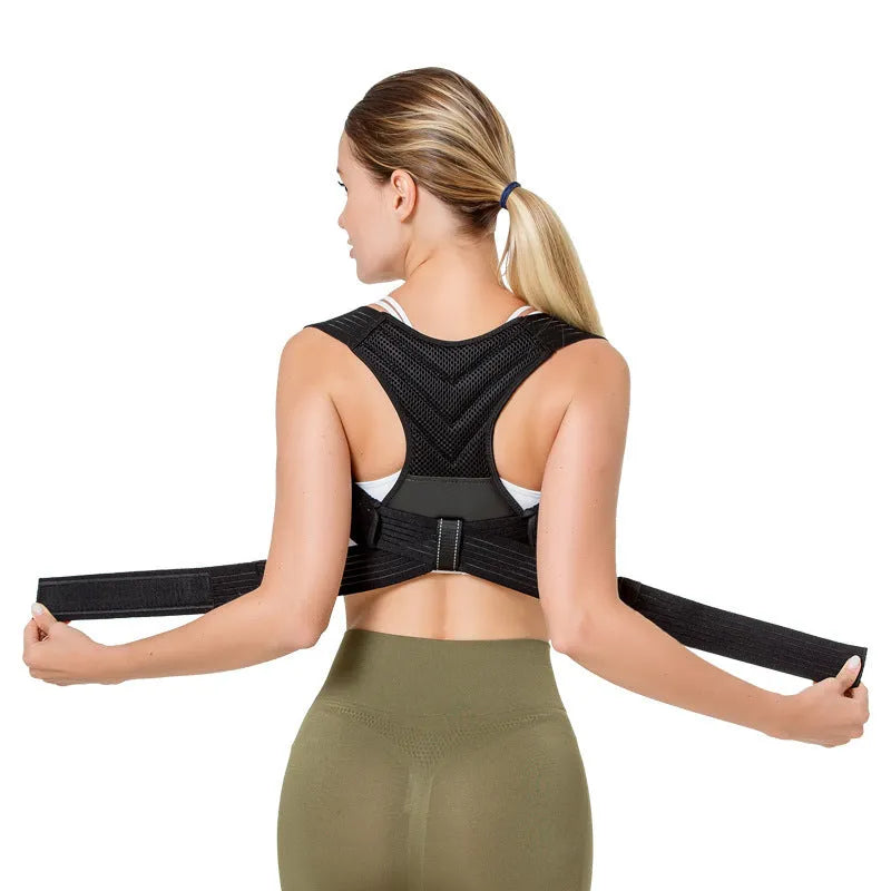 Black adjustable posture correction belt for upper back and shoulder support.