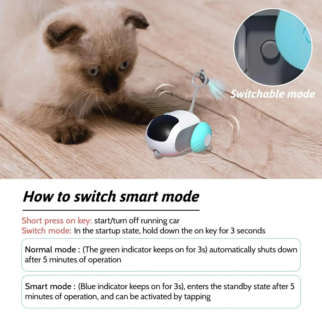 Blue remote-controlled cat toy car with feather attachment on hardwood floor