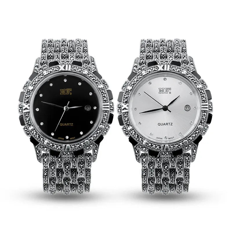 Quartz movement luxury romantic watch with metal strap, round dial, and jewellery buckle in black plate