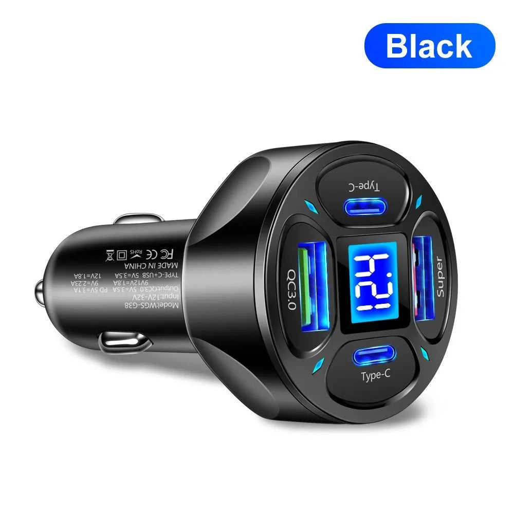 Black 66W car charger with digital display, two USB ports and two Type-C ports