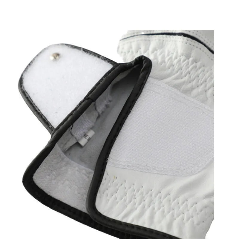 White half sheepskin men's golf glove laid flat, showing non-slip palm.