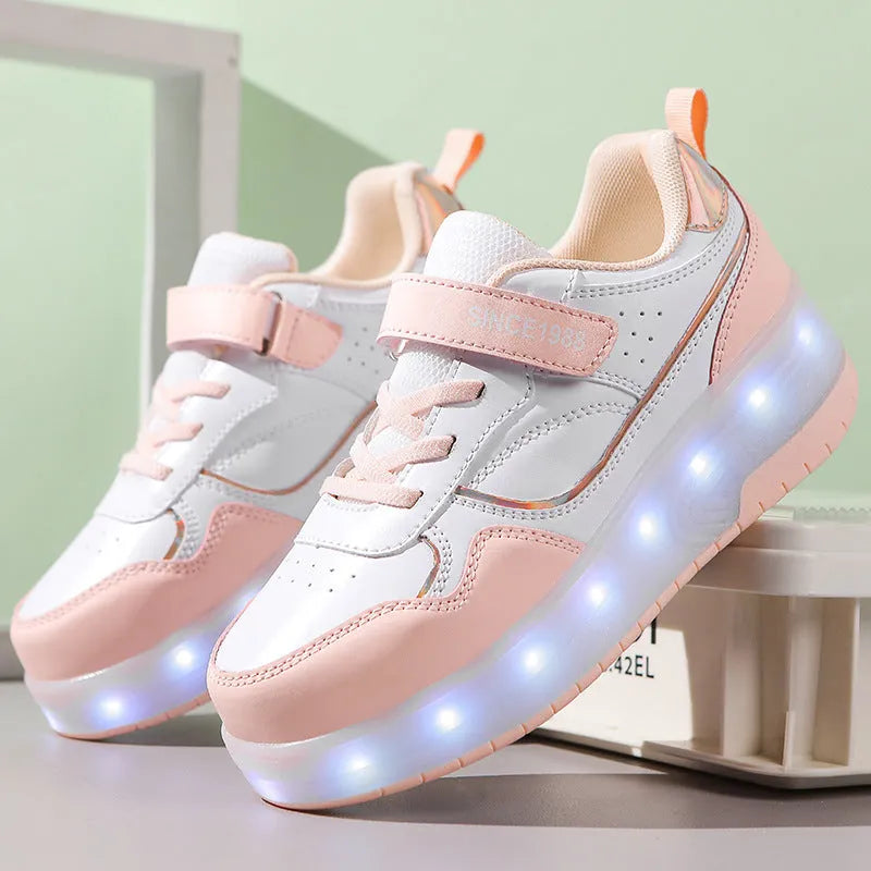 LED roller skates with flashing wheels in multiple colours including black, white, pink and purple options