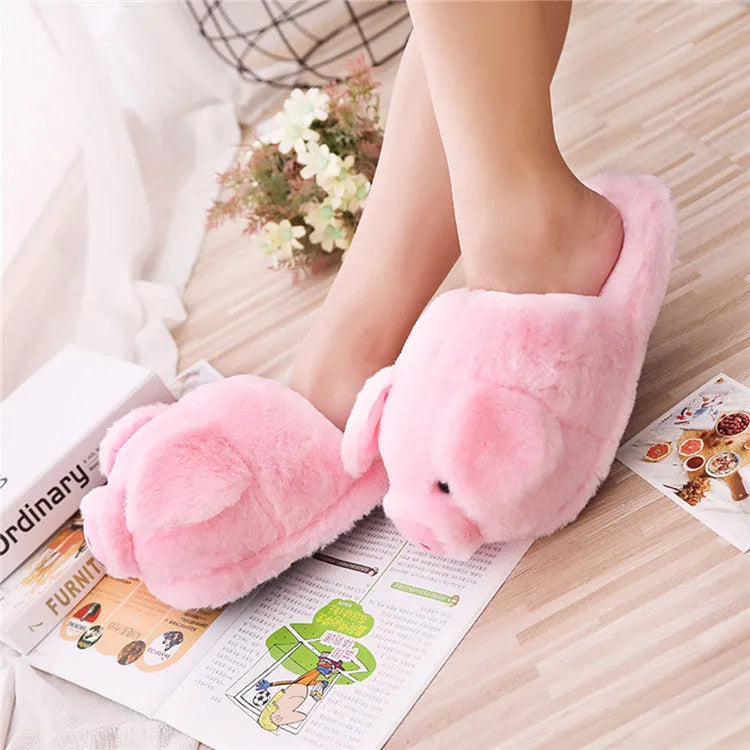 Pink women's pig floor slippers with PP cotton filling and short plush fabric