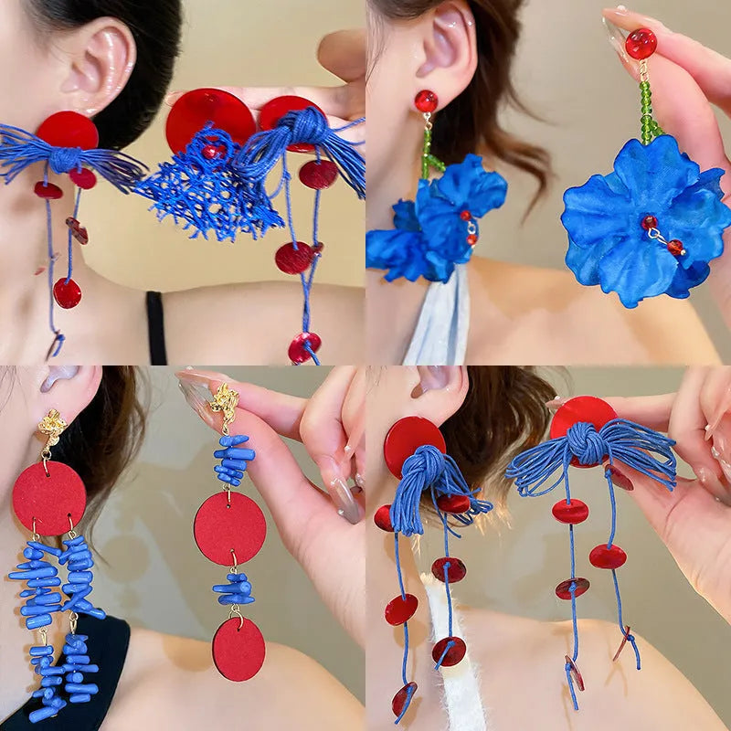 Handcrafted geometric women's earrings with cloth material and silver needle-blue resin flower elements