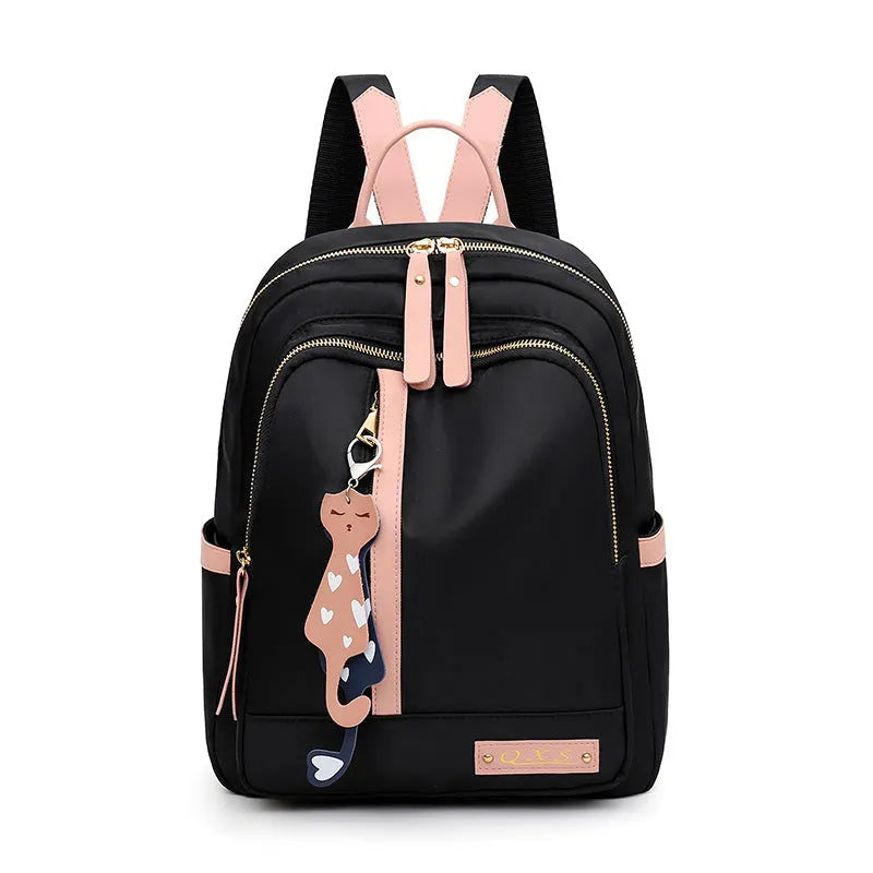 Black or pink casual nylon backpack with waterproof features and organised internal compartments