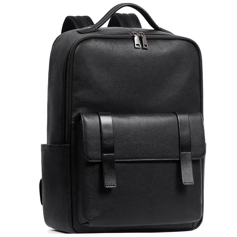 Black litchi grain men's genuine leather computer backpack with large capacity and business design