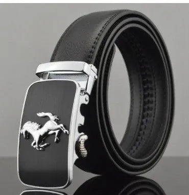 Men's black leather belt with automatic buckle, shown with chromium and gold buckle style options.
