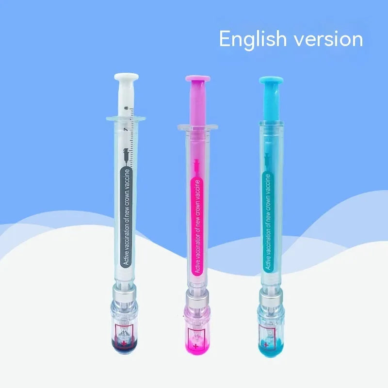 White and blue vaccine pen design gel pen with cap, shown next to a black full needle tube refill.