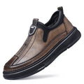 Men's solid colour leather casual shoes with round toe in black and brown on a white background.